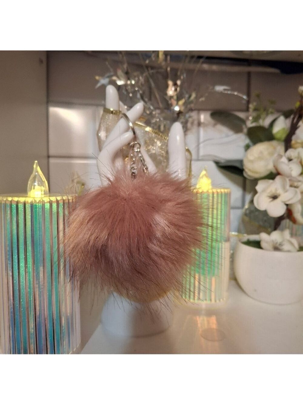 Faux Fur Pom Pom Bag Charm Keyring. Luxury Handmade Bag Jewelry Dusty Rose Pink